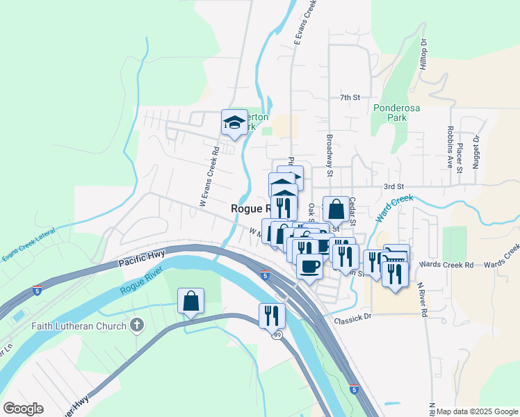 map of restaurants, bars, coffee shops, grocery stores, and more near in Rogue River