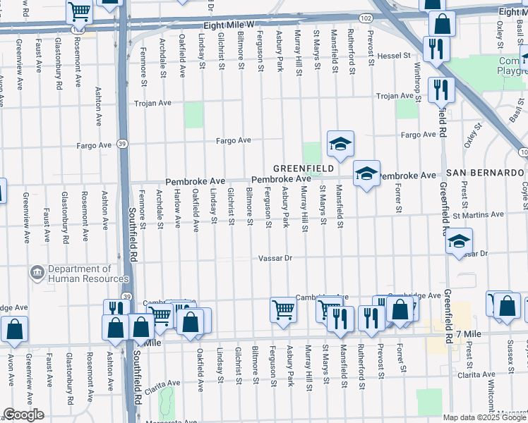 map of restaurants, bars, coffee shops, grocery stores, and more near 19719 Ferguson Street in Detroit