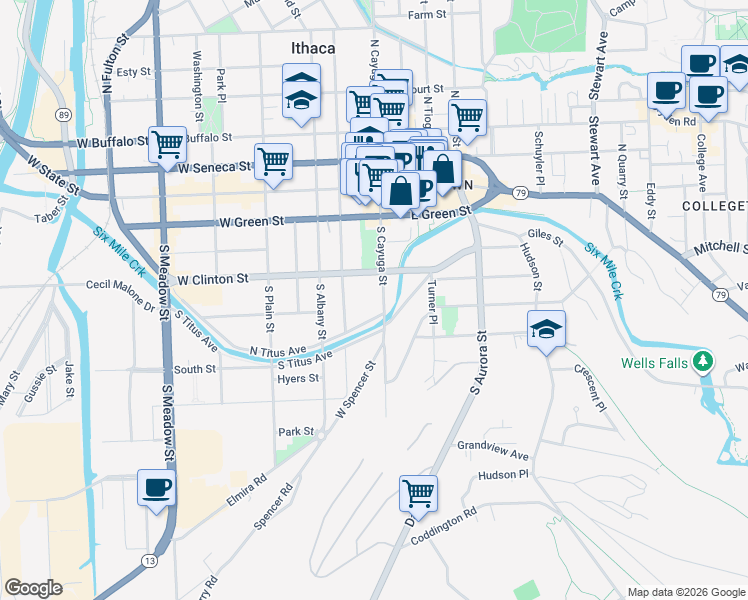 map of restaurants, bars, coffee shops, grocery stores, and more near 324 South Cayuga Street in Ithaca