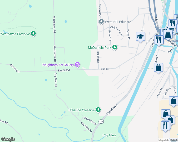 map of restaurants, bars, coffee shops, grocery stores, and more near 513 Elm Street in Ithaca