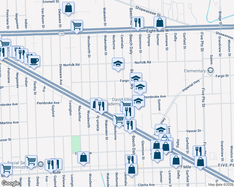 map of restaurants, bars, coffee shops, grocery stores, and more near 19926 Norborne in Redford Charter Township