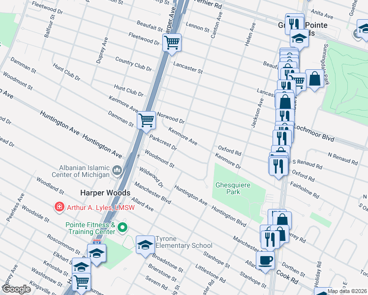 map of restaurants, bars, coffee shops, grocery stores, and more near 21120 Kenmore Avenue in Harper Woods