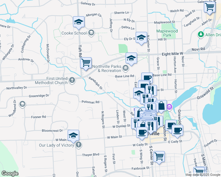 map of restaurants, bars, coffee shops, grocery stores, and more near 538 Randolph Street in Northville