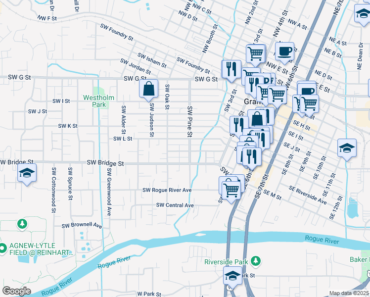 map of restaurants, bars, coffee shops, grocery stores, and more near 721 Southwest L Street in Grants Pass