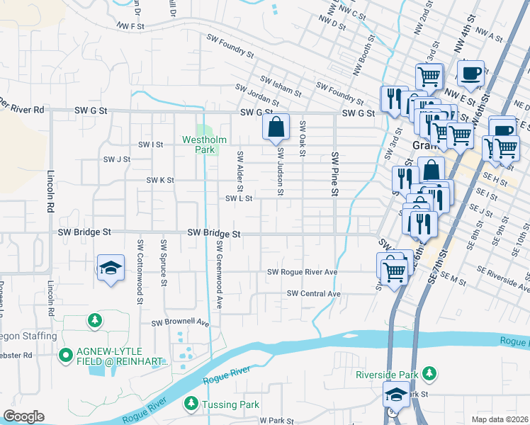 map of restaurants, bars, coffee shops, grocery stores, and more near 1013 Southwest L Street in Grants Pass