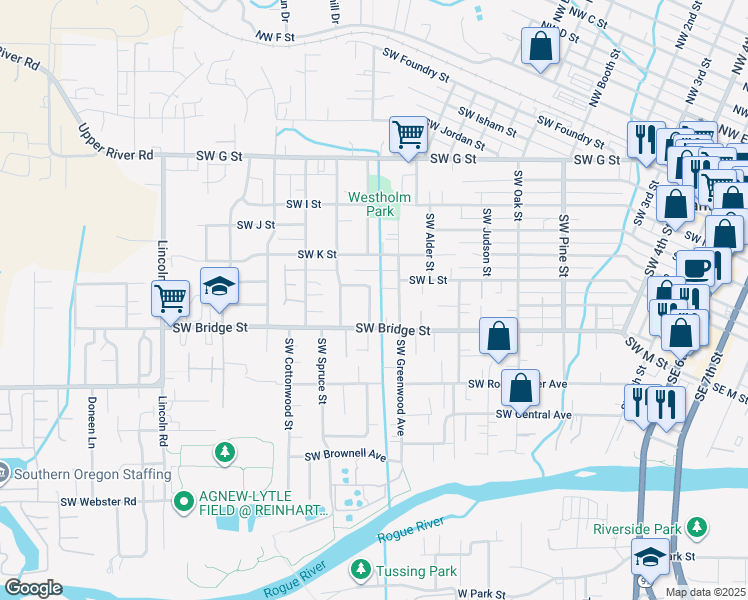 map of restaurants, bars, coffee shops, grocery stores, and more near 1428 Southwest Cypress Street in Grants Pass