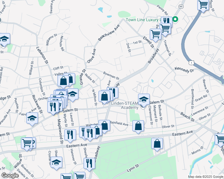 map of restaurants, bars, coffee shops, grocery stores, and more near 57 Durso Avenue in Malden
