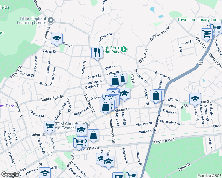 map of restaurants, bars, coffee shops, grocery stores, and more near 155 Lebanon Street in Malden