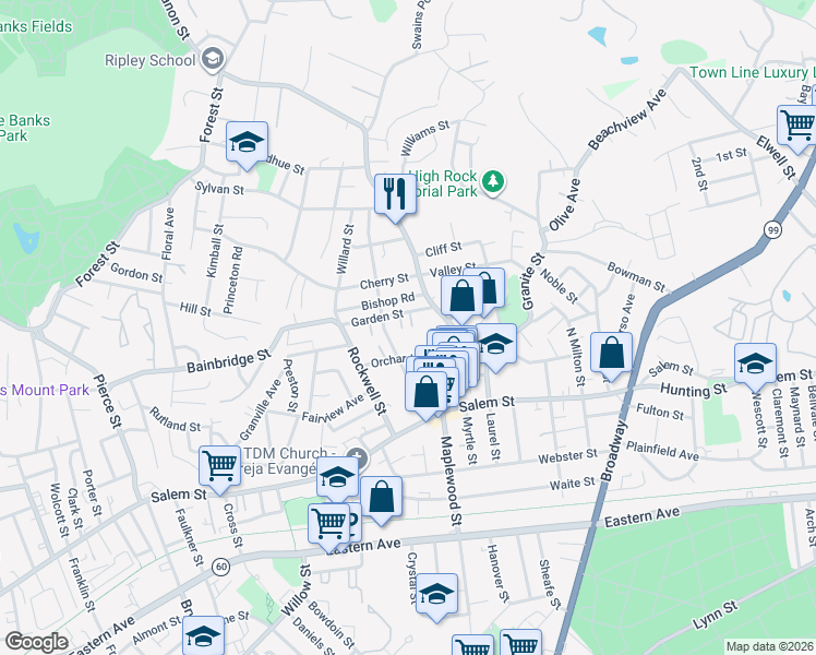 map of restaurants, bars, coffee shops, grocery stores, and more near 19-21 Garden Street in Malden
