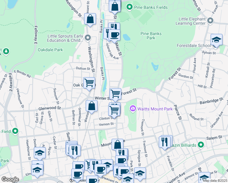 map of restaurants, bars, coffee shops, grocery stores, and more near 21 Rosemont Street in Malden