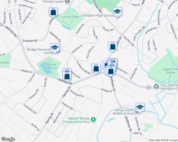 map of restaurants, bars, coffee shops, grocery stores, and more near 28 Wachusett Drive in Lexington