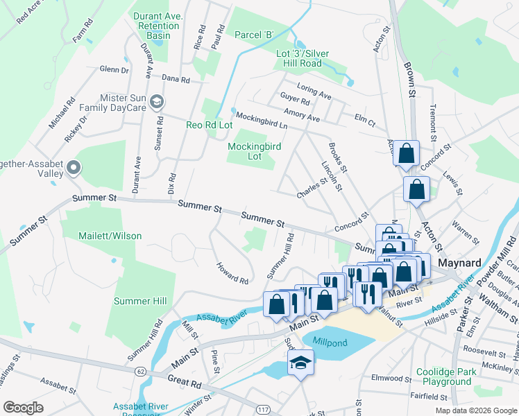 map of restaurants, bars, coffee shops, grocery stores, and more near 22 Charles Street in Maynard