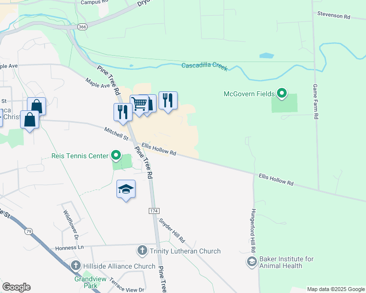 map of restaurants, bars, coffee shops, grocery stores, and more near 114 Summerhill Drive in Ithaca