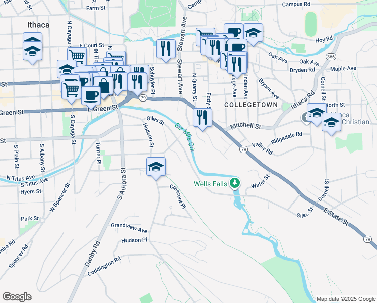 map of restaurants, bars, coffee shops, grocery stores, and more near 207 Giles Street in Ithaca