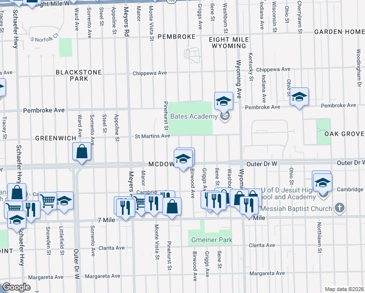 map of restaurants, bars, coffee shops, grocery stores, and more near 19503 Birwood Street in Detroit