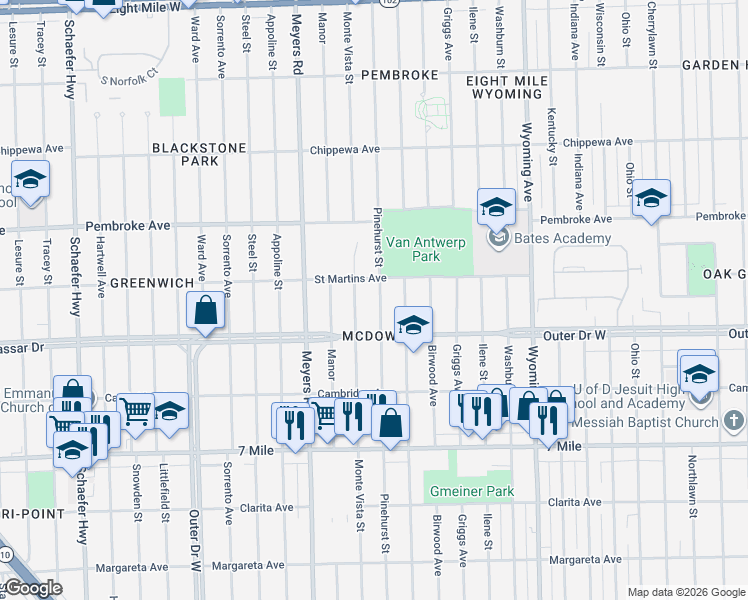 map of restaurants, bars, coffee shops, grocery stores, and more near 19500 Pinehurst Street in Detroit