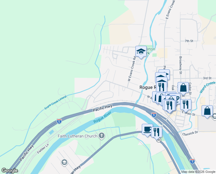 map of restaurants, bars, coffee shops, grocery stores, and more near 100 Westbrook Drive in Rogue River