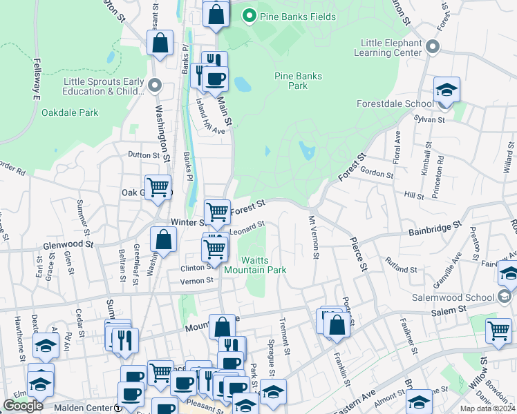map of restaurants, bars, coffee shops, grocery stores, and more near 47 Forest Street in Malden