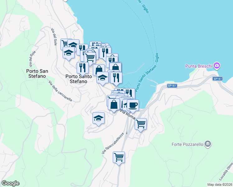 map of restaurants, bars, coffee shops, grocery stores, and more near 22 Viale Barellai in Porto Santo Stefano