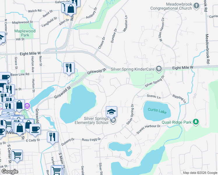 map of restaurants, bars, coffee shops, grocery stores, and more near 42935 Northville Place Drive in Northville