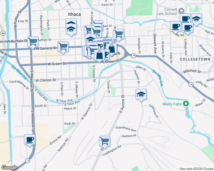 map of restaurants, bars, coffee shops, grocery stores, and more near 141 East Spencer Street in Ithaca