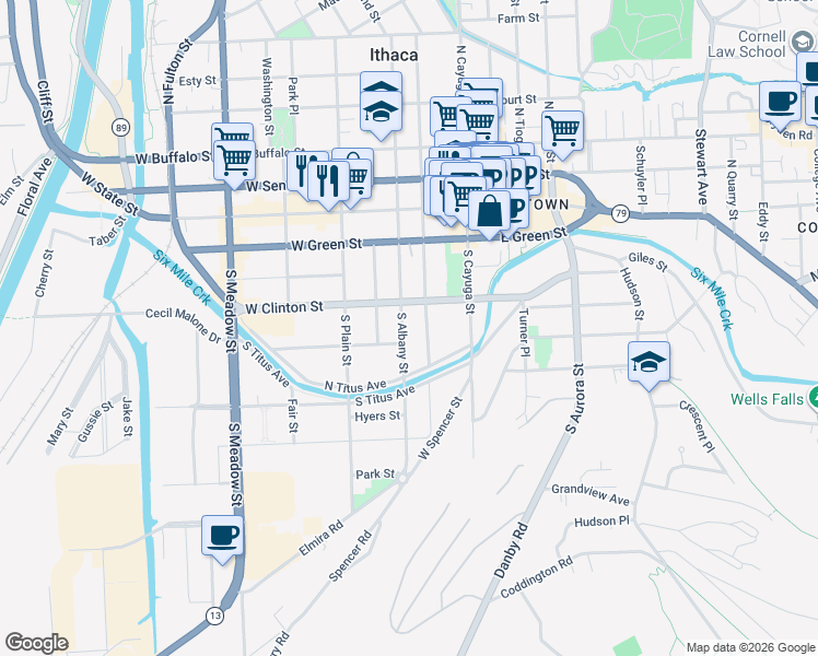 map of restaurants, bars, coffee shops, grocery stores, and more near 319 South Albany Street in Ithaca