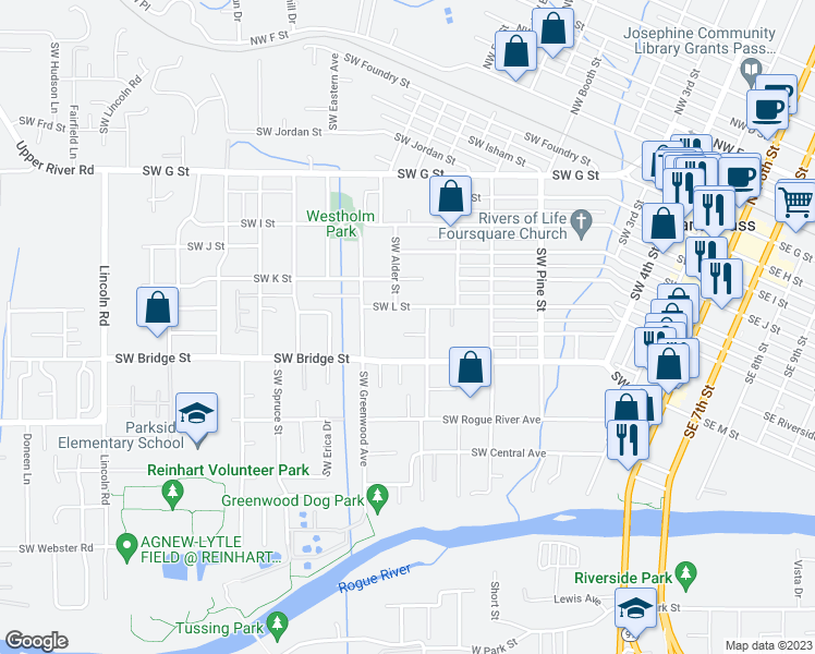 map of restaurants, bars, coffee shops, grocery stores, and more near 1121 Southwest L Street in Grants Pass