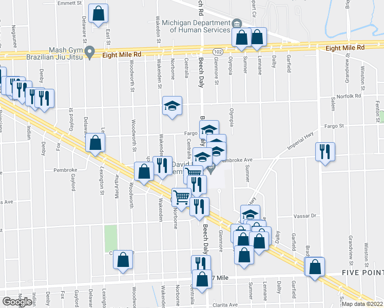 map of restaurants, bars, coffee shops, grocery stores, and more near 19924 Centralia in Redford Charter Township