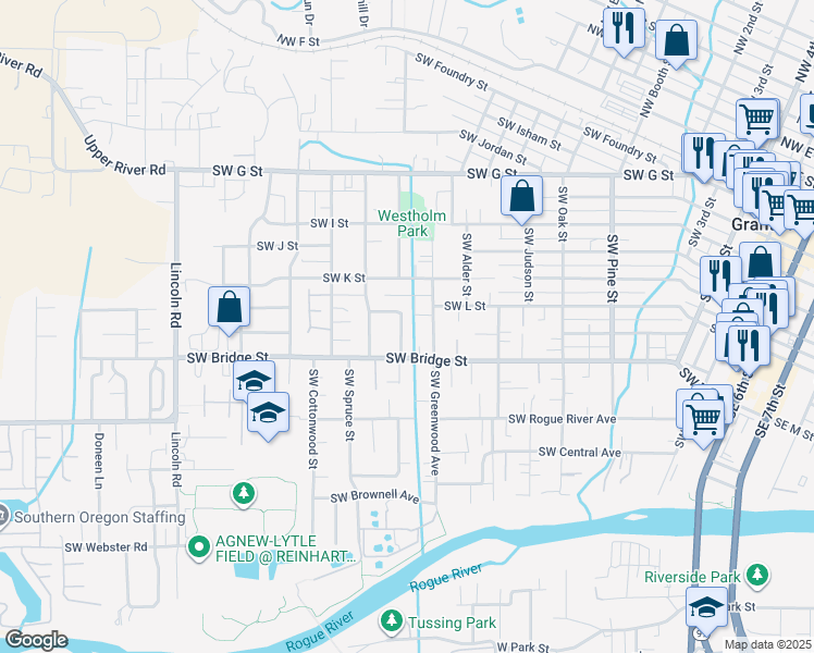 map of restaurants, bars, coffee shops, grocery stores, and more near 1428 Southwest Cypress Street in Grants Pass