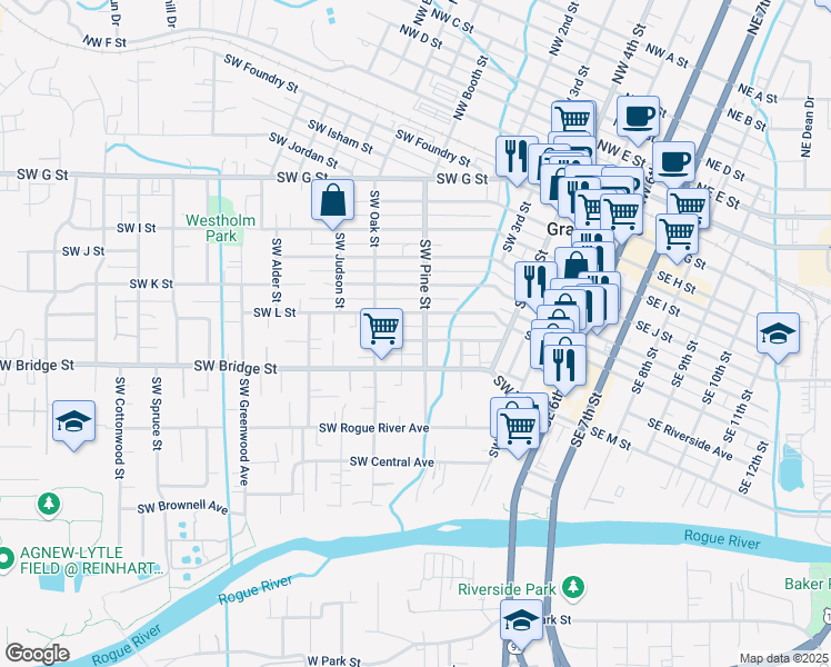 map of restaurants, bars, coffee shops, grocery stores, and more near 721 Southwest L Street in Grants Pass
