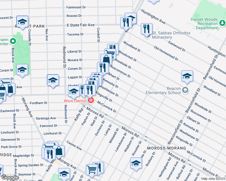 map of restaurants, bars, coffee shops, grocery stores, and more near 18721 Kenosha Street in Harper Woods
