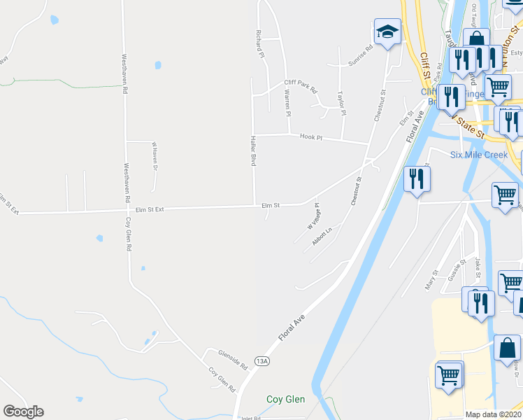 map of restaurants, bars, coffee shops, grocery stores, and more near 435 Elm Street in Ithaca