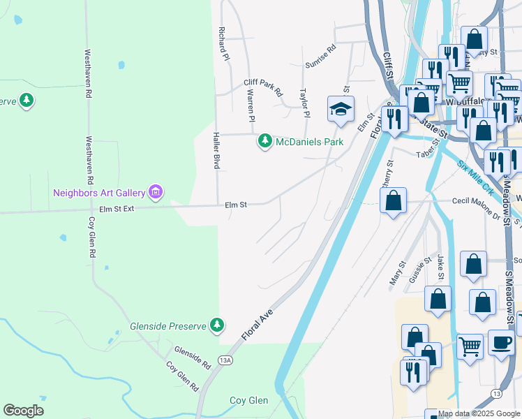 map of restaurants, bars, coffee shops, grocery stores, and more near 409 Elm Street in Ithaca