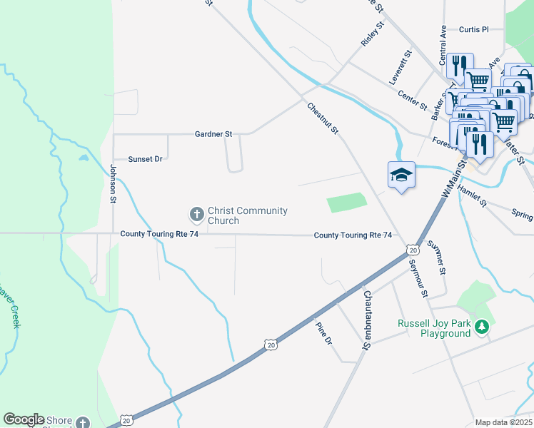 map of restaurants, bars, coffee shops, grocery stores, and more near 137 Berry Road in Fredonia