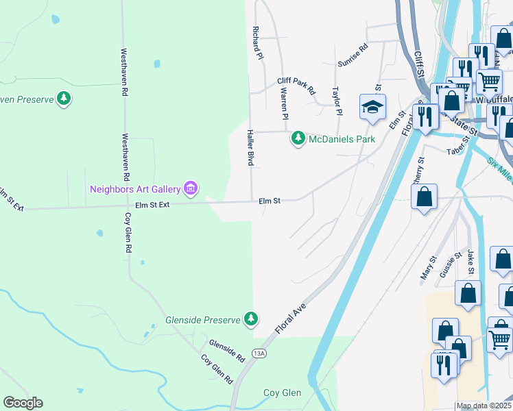 map of restaurants, bars, coffee shops, grocery stores, and more near 435 Elm Street in Ithaca