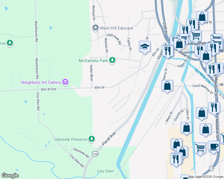 map of restaurants, bars, coffee shops, grocery stores, and more near 407 Elm Street in Ithaca