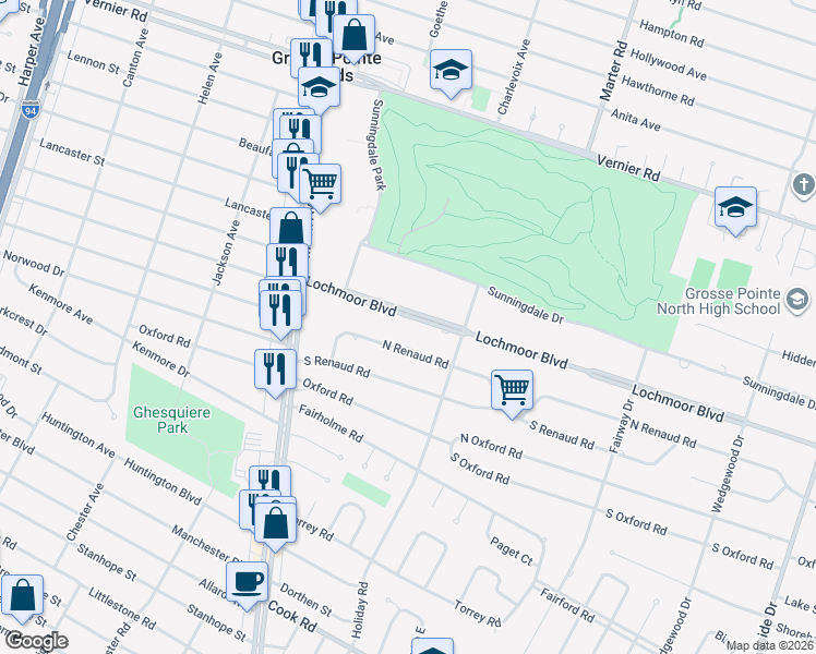 map of restaurants, bars, coffee shops, grocery stores, and more near 1506 Lochmoor Boulevard in Grosse Pointe Woods