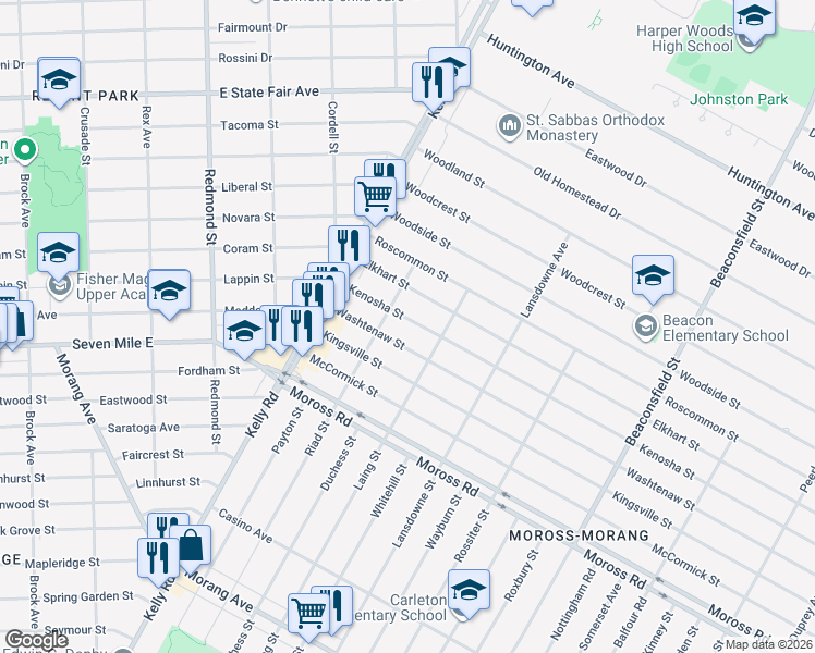 map of restaurants, bars, coffee shops, grocery stores, and more near 18721 Kenosha Street in Harper Woods