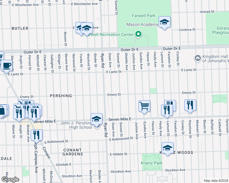 map of restaurants, bars, coffee shops, grocery stores, and more near 19351 Dean Avenue in Detroit