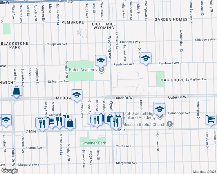 map of restaurants, bars, coffee shops, grocery stores, and more near 19501 Wyoming Avenue in Detroit