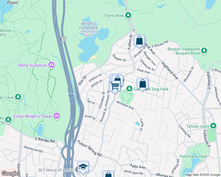 map of restaurants, bars, coffee shops, grocery stores, and more near 87 Andrews Street in Medford