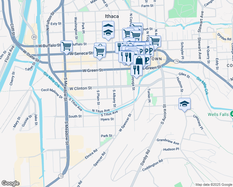map of restaurants, bars, coffee shops, grocery stores, and more near 319 South Albany Street in Ithaca