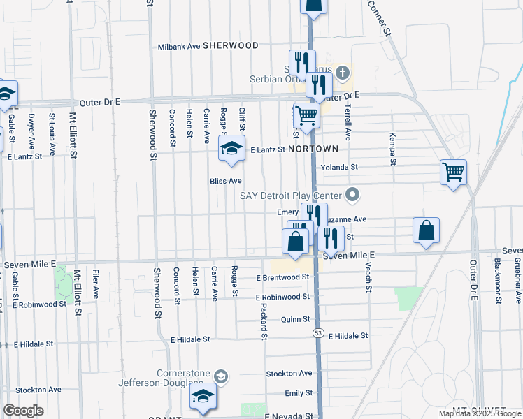 map of restaurants, bars, coffee shops, grocery stores, and more near 19303 Packard Street in Detroit
