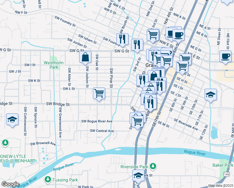 map of restaurants, bars, coffee shops, grocery stores, and more near 410 Southwest Burgess Street in Grants Pass
