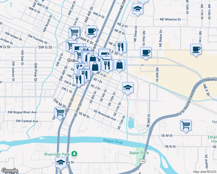 map of restaurants, bars, coffee shops, grocery stores, and more near 400 Southeast I Street in Grants Pass