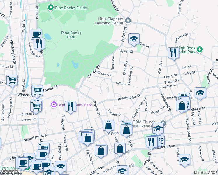 map of restaurants, bars, coffee shops, grocery stores, and more near 13 Crestview Drive in Malden