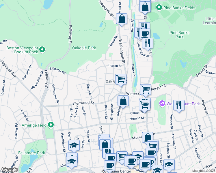 map of restaurants, bars, coffee shops, grocery stores, and more near 72 Wyoming Avenue in Malden