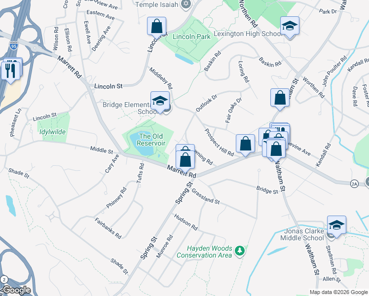 map of restaurants, bars, coffee shops, grocery stores, and more near 50 Downing Road in Lexington