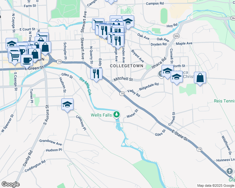 map of restaurants, bars, coffee shops, grocery stores, and more near 921 East State Street in Ithaca