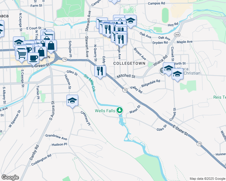 map of restaurants, bars, coffee shops, grocery stores, and more near 801 East State Street in Ithaca